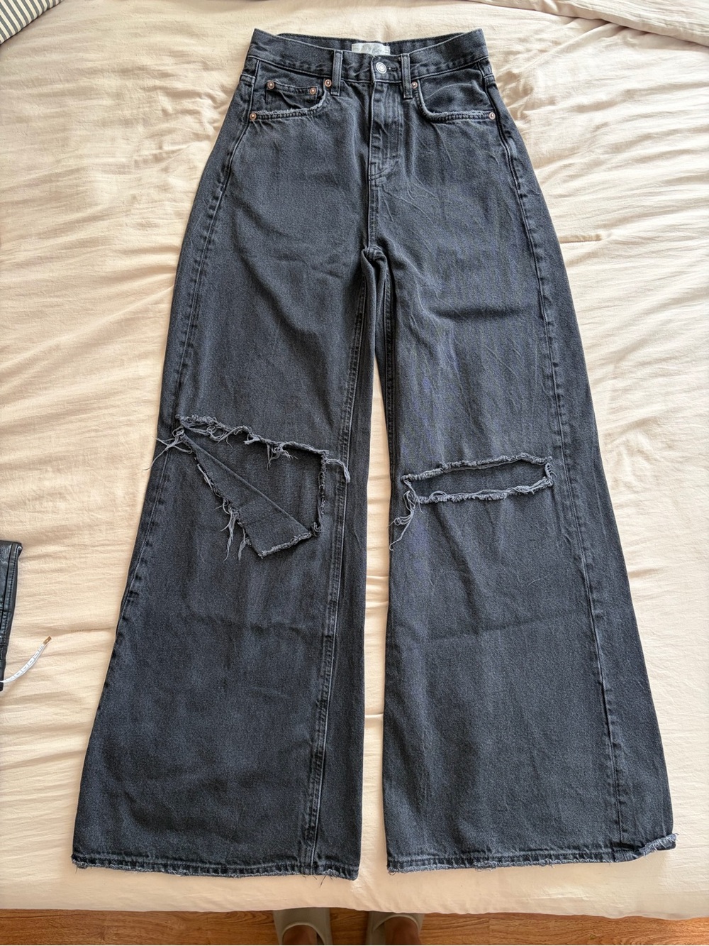 Free People We The Free Washed Black Distressed Wide-Leg Jeans - Picture 2 of 9
